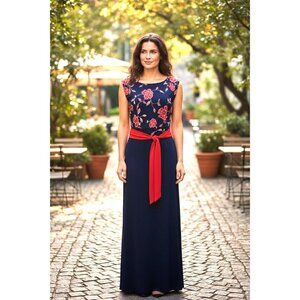 Navy Blue Red Floral Print Long Gown Maxi Dress w/Tie Size 18W 2X Summer Plus Sz